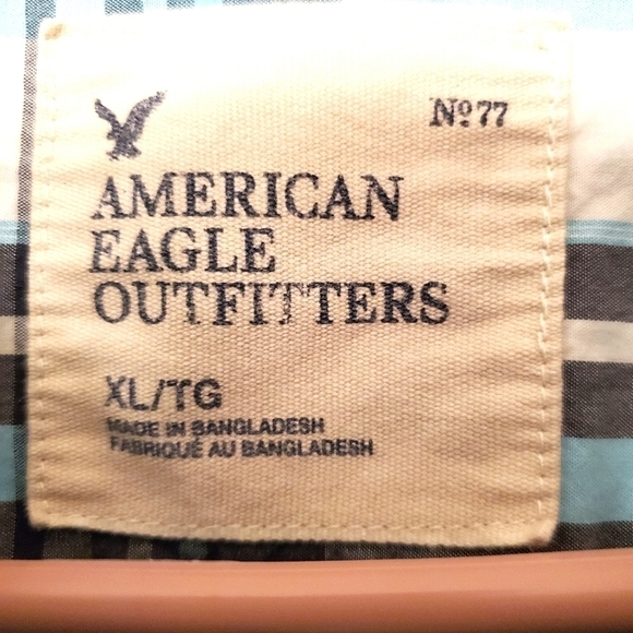 AEO BUTTON DOWN SHIRT PLAID SEERSUCKER SHORT SLEEVES STRIPED WHITE BLUE MENS XL - Picture 4 of 12